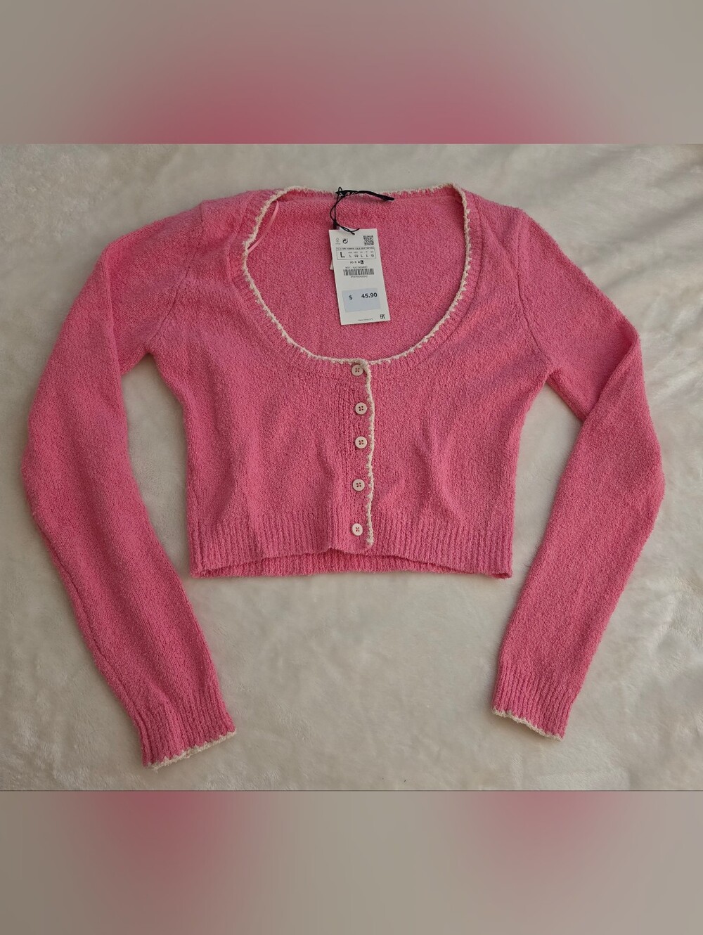 NWT ZARA Pink Cropped Scoop-Neck Button Up Knit Cardigan Contrast Trim Large